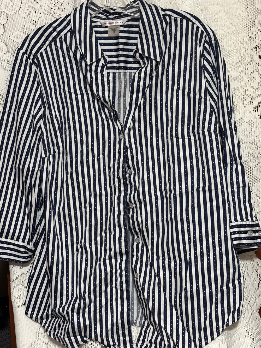 Alison Daley Navy and White Vertical Stripe Button-Down Shirt Size 16